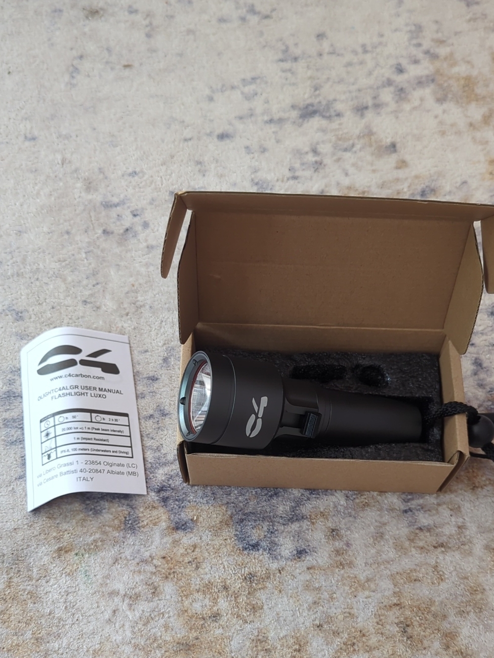 NWT C4 Carbon Luxo Italian LED Diving Flashlight 100M